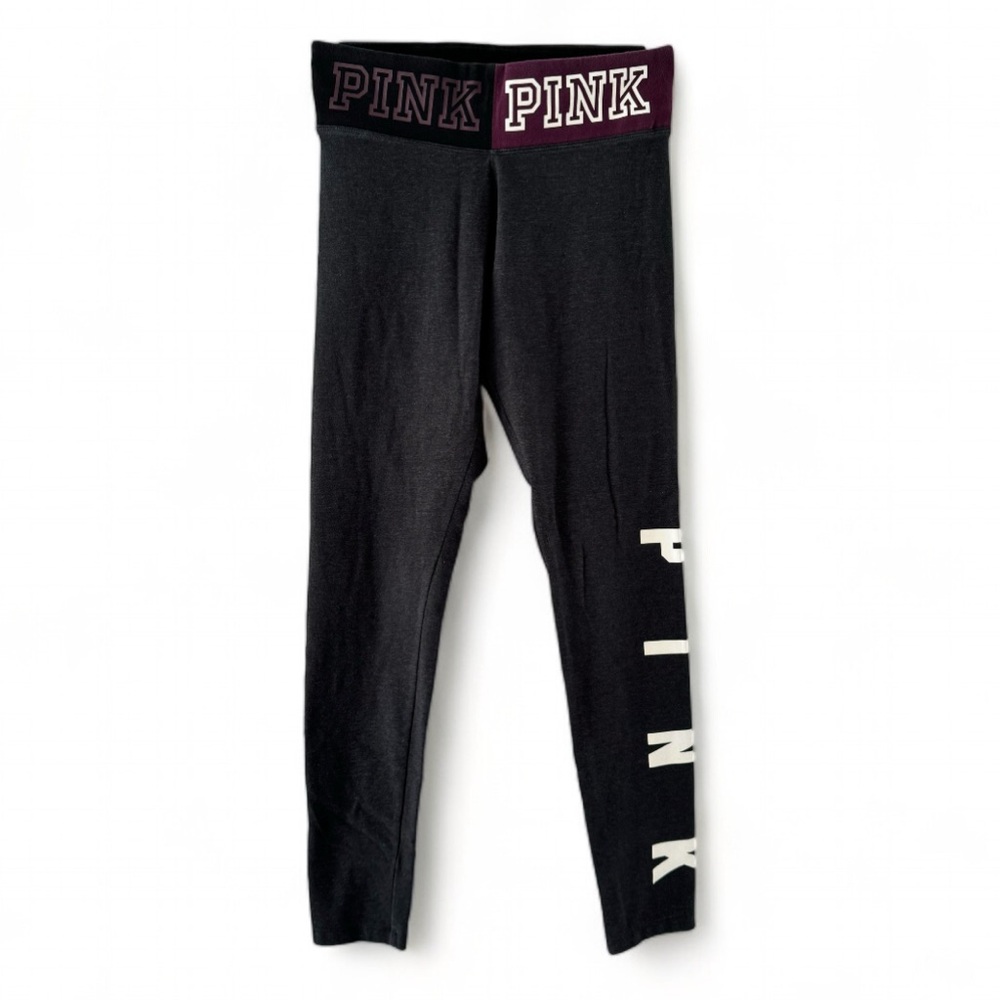 PINK Victoria's Secret Black Leggings S Small GUC Colorblock Waist Graphic Logo